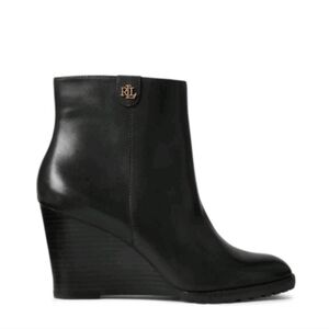 Ralph Lauren Black Leather Wedge Ankle Boot Shaley Zipper 10 As Is